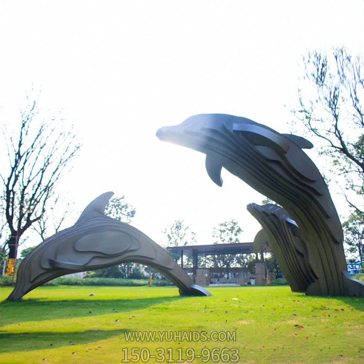 公園不銹鋼拼圖抽象鯨魚(yú)海豚草地景觀(guān)雕塑擺件