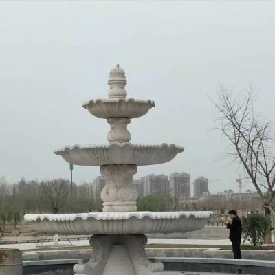 公園水池?cái)[放大型漢白玉雕刻三層流水水缽噴泉