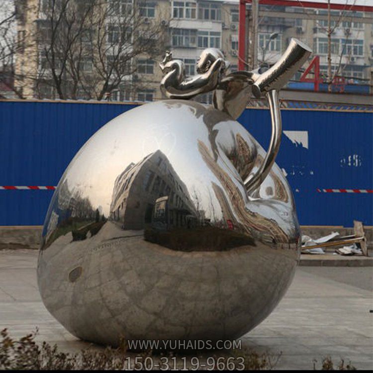 大型不銹鋼鏡面鏤空蘋(píng)果雕塑 城市公園景觀擺件