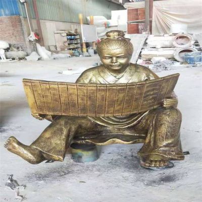 廣場校園綠地?cái)[放玻璃鋼仿銅古代坐姿看書兒童人像雕塑