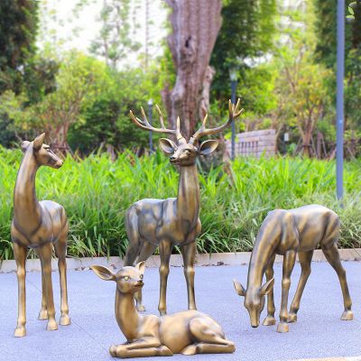 公園玻璃鋼彩繪創(chuàng  )意玻璃鋼仿銅四只鹿雕塑